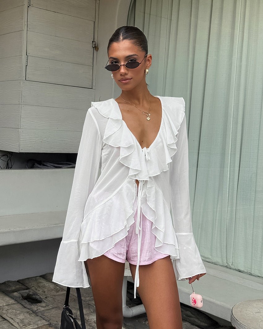 Top Desiree à décolleté profond et volants