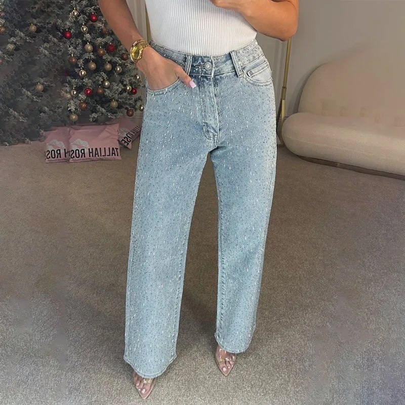 Pantalon en jean large Eliana orné de strass