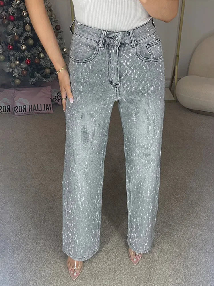 Pantalon en jean large Eliana orné de strass