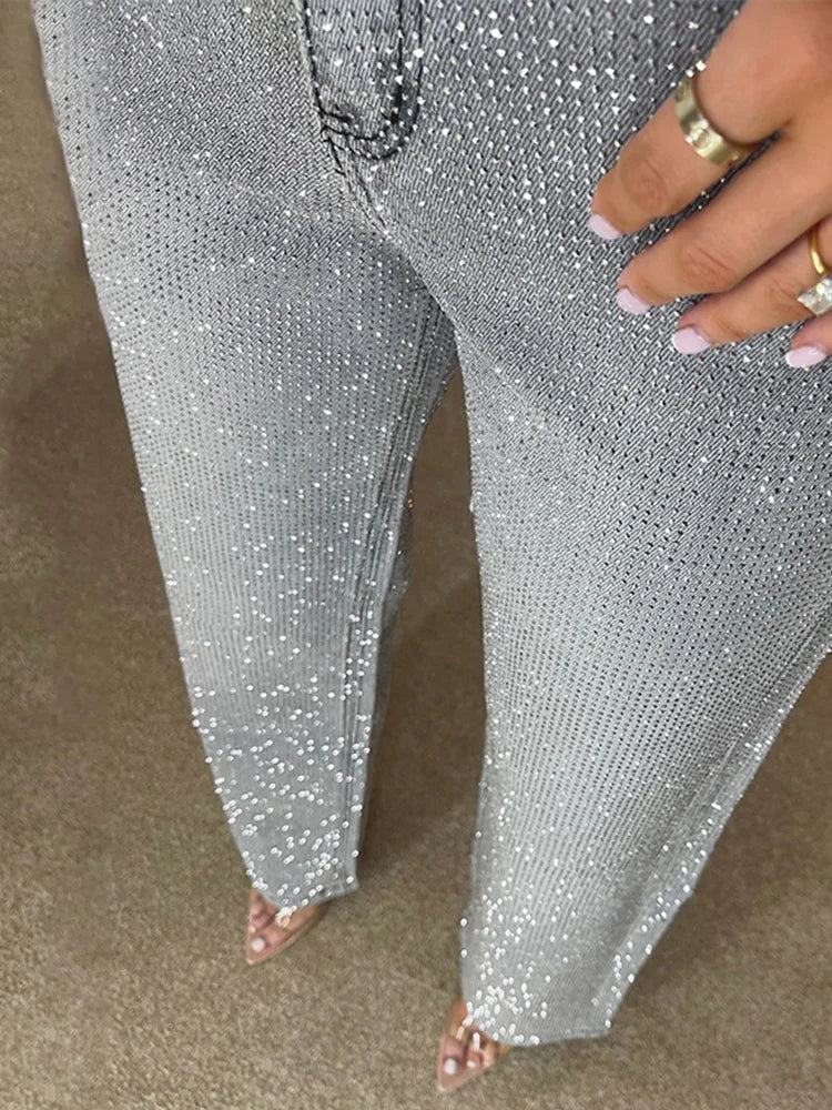 Pantalon en jean large Eliana orné de strass
