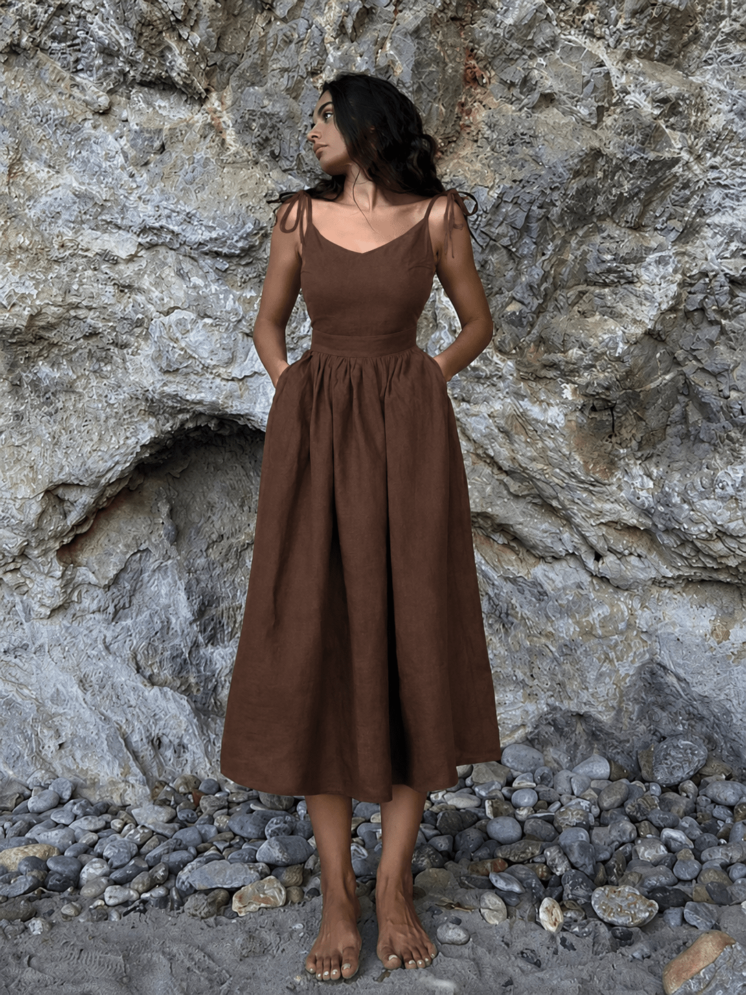 Robe midi Elisabeta dos nu à bretelles à nouer