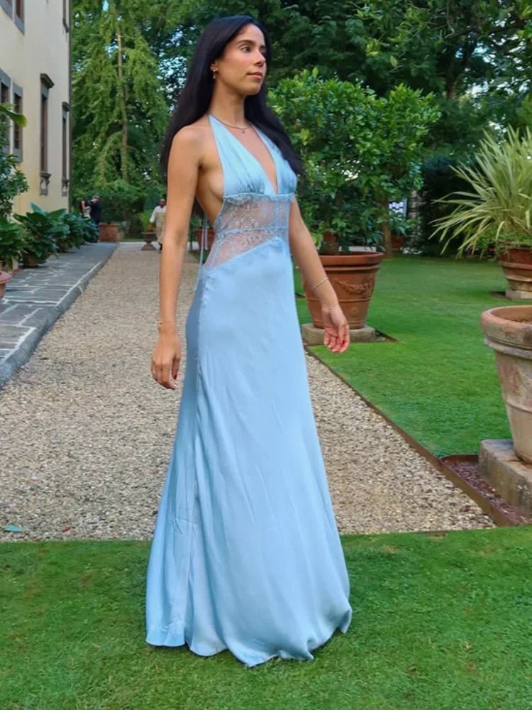 Robe longue dos nu Elvira en dentelle et patchwork