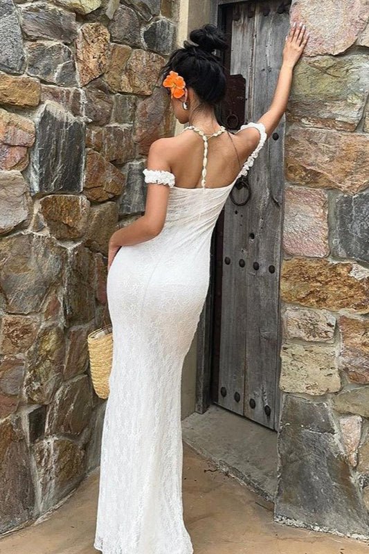 Robe longue en dentelle à fines bretelles Emma