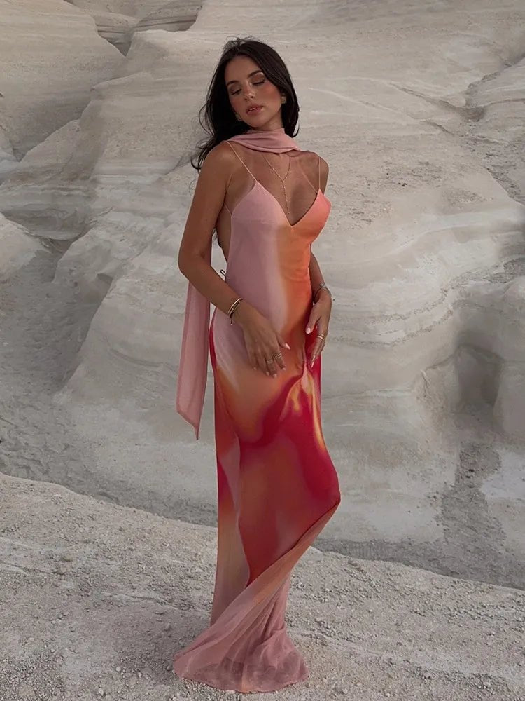 Robe longue satinée ombrée dos nu Emma