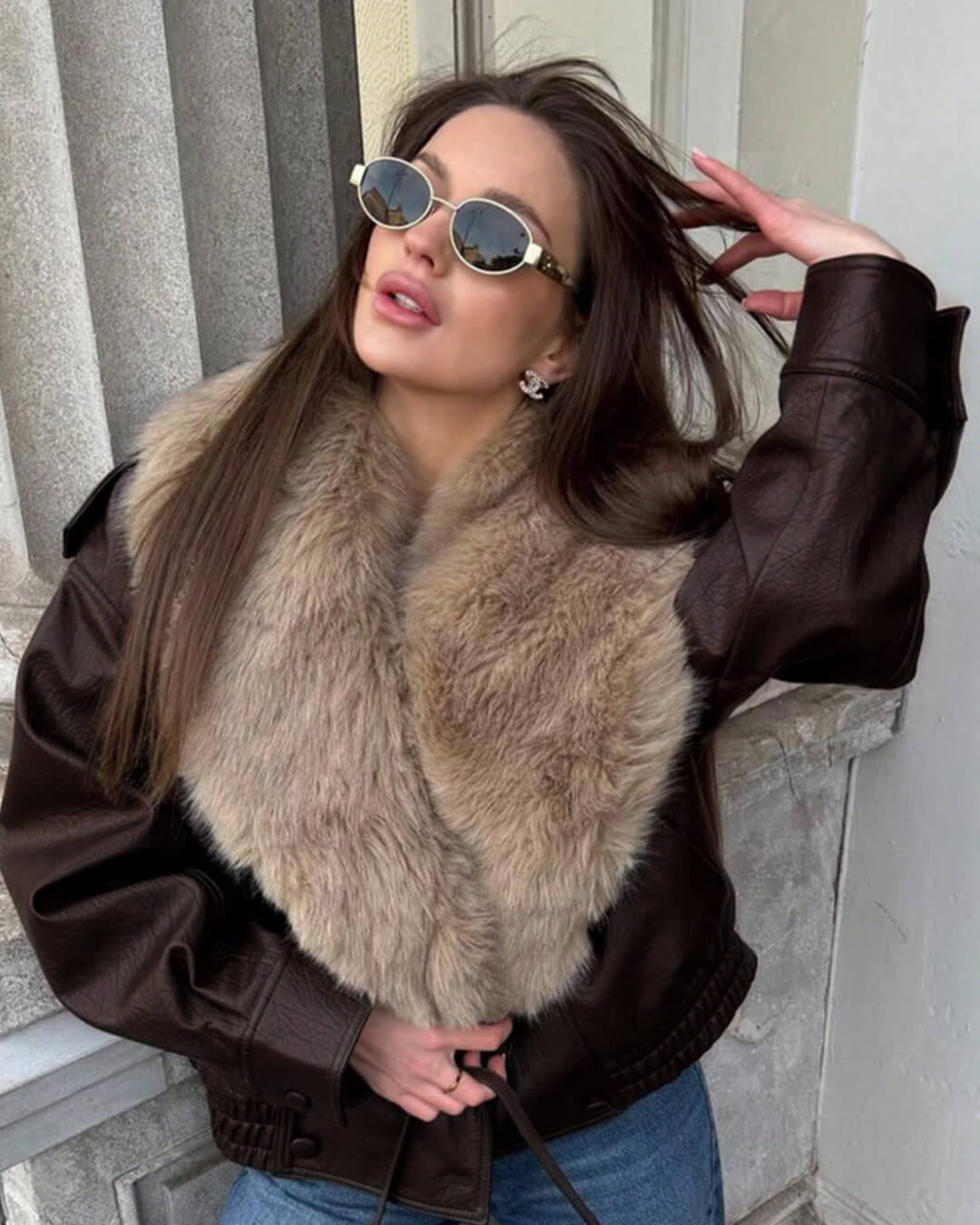 Francesca Faux Leather Jacket with Detachable Fur Collar