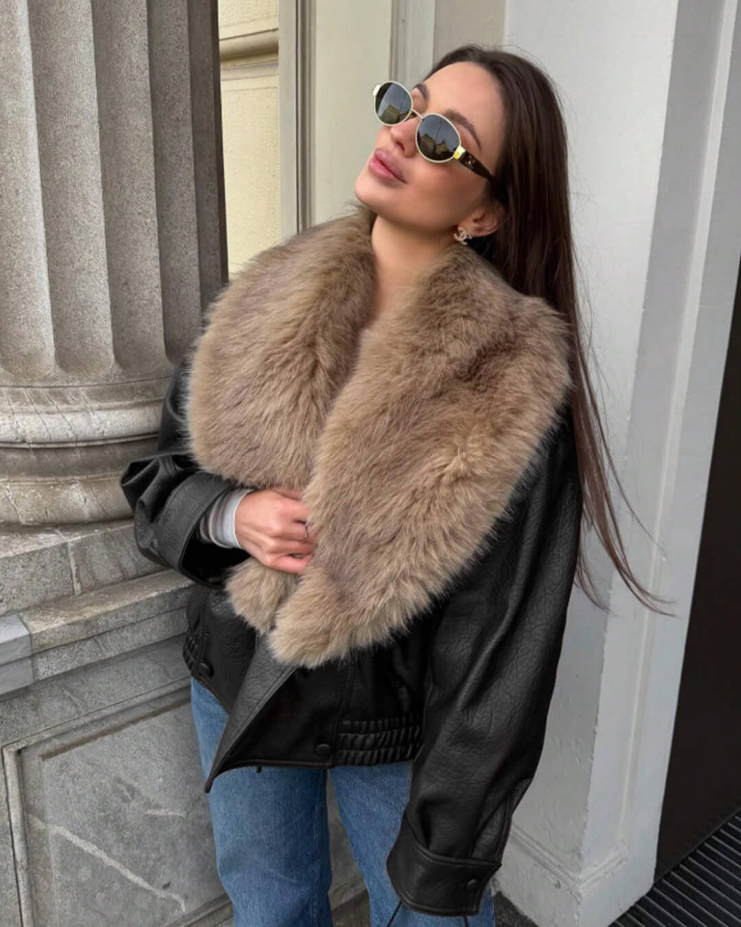 Francesca Faux Leather Jacket with Detachable Fur Collar