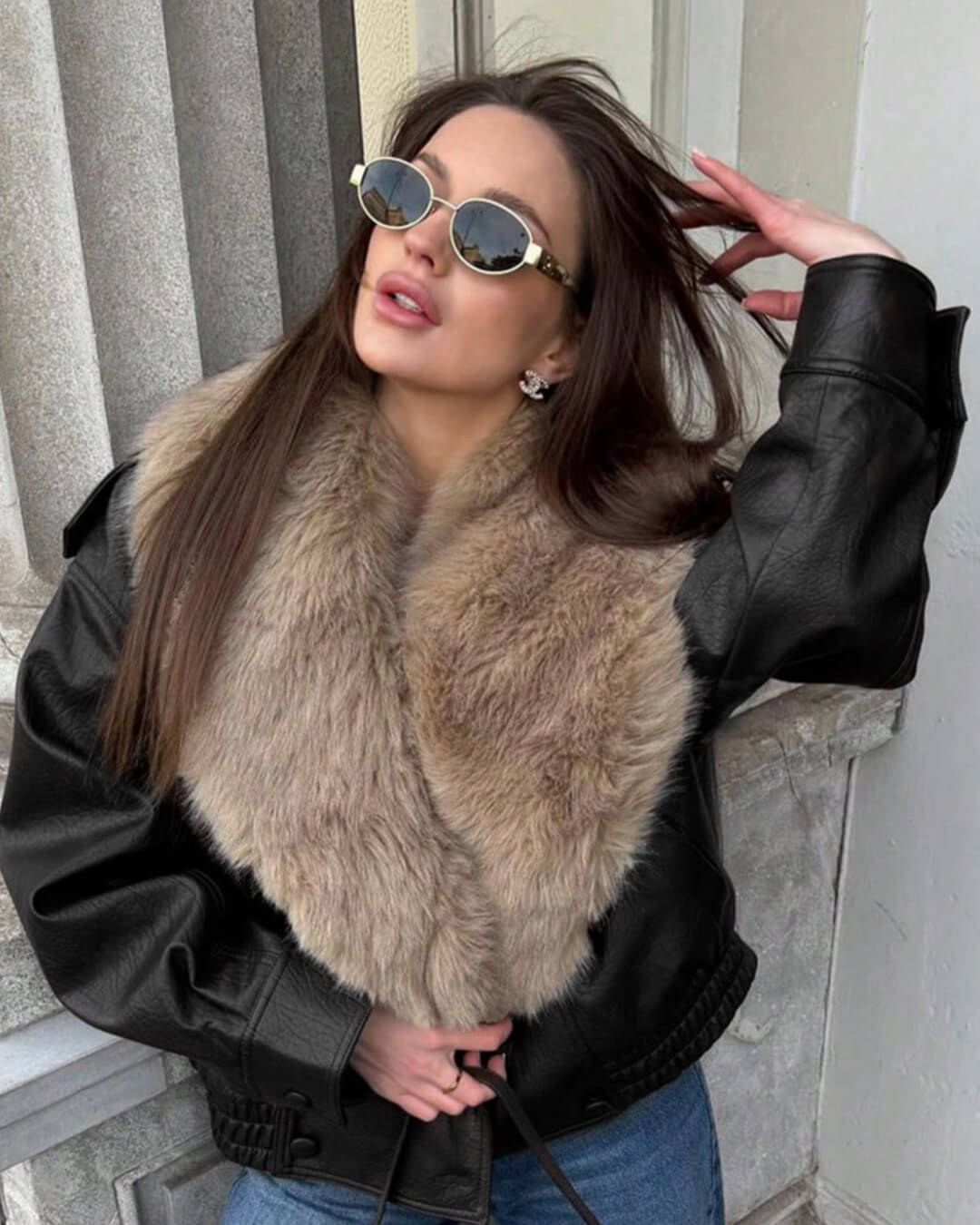 Francesca Faux Leather Jacket with Detachable Fur Collar