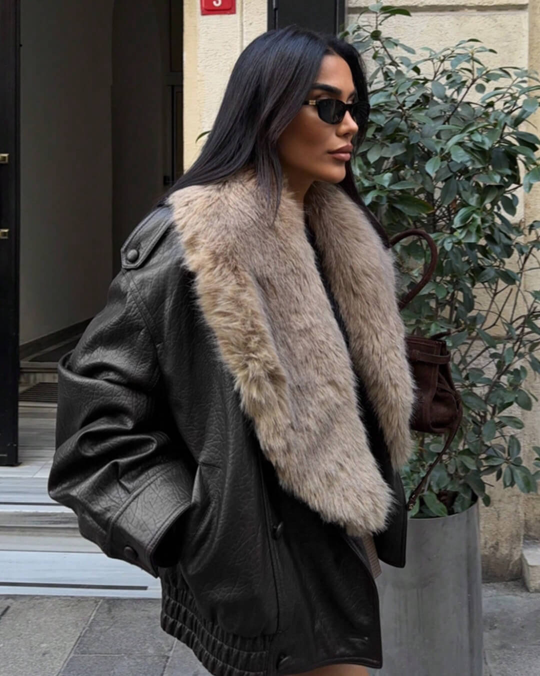 Francesca Faux Leather Jacket with Detachable Fur Collar