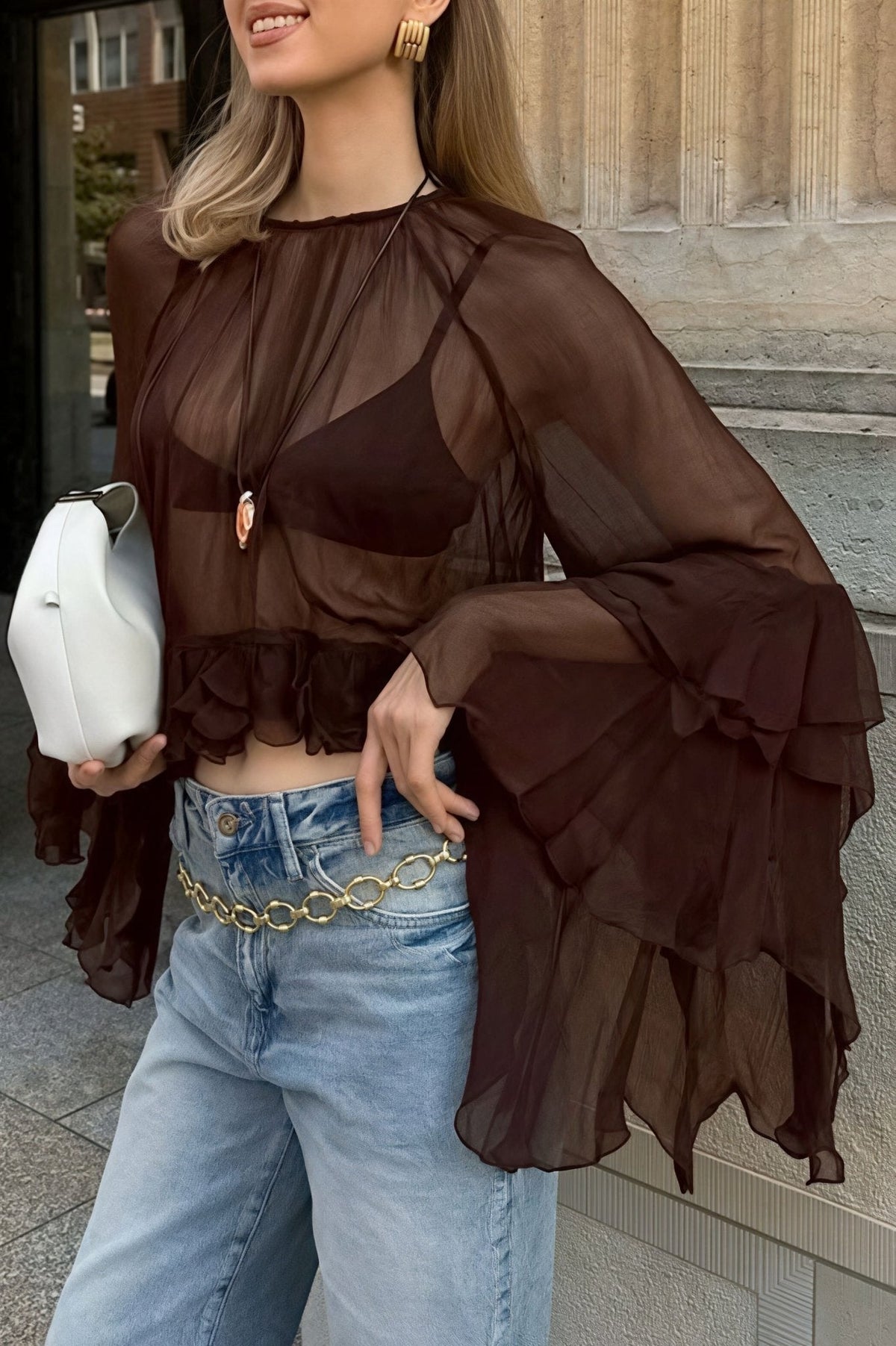 Blouse Greta en mousseline à manches cloche volantées
