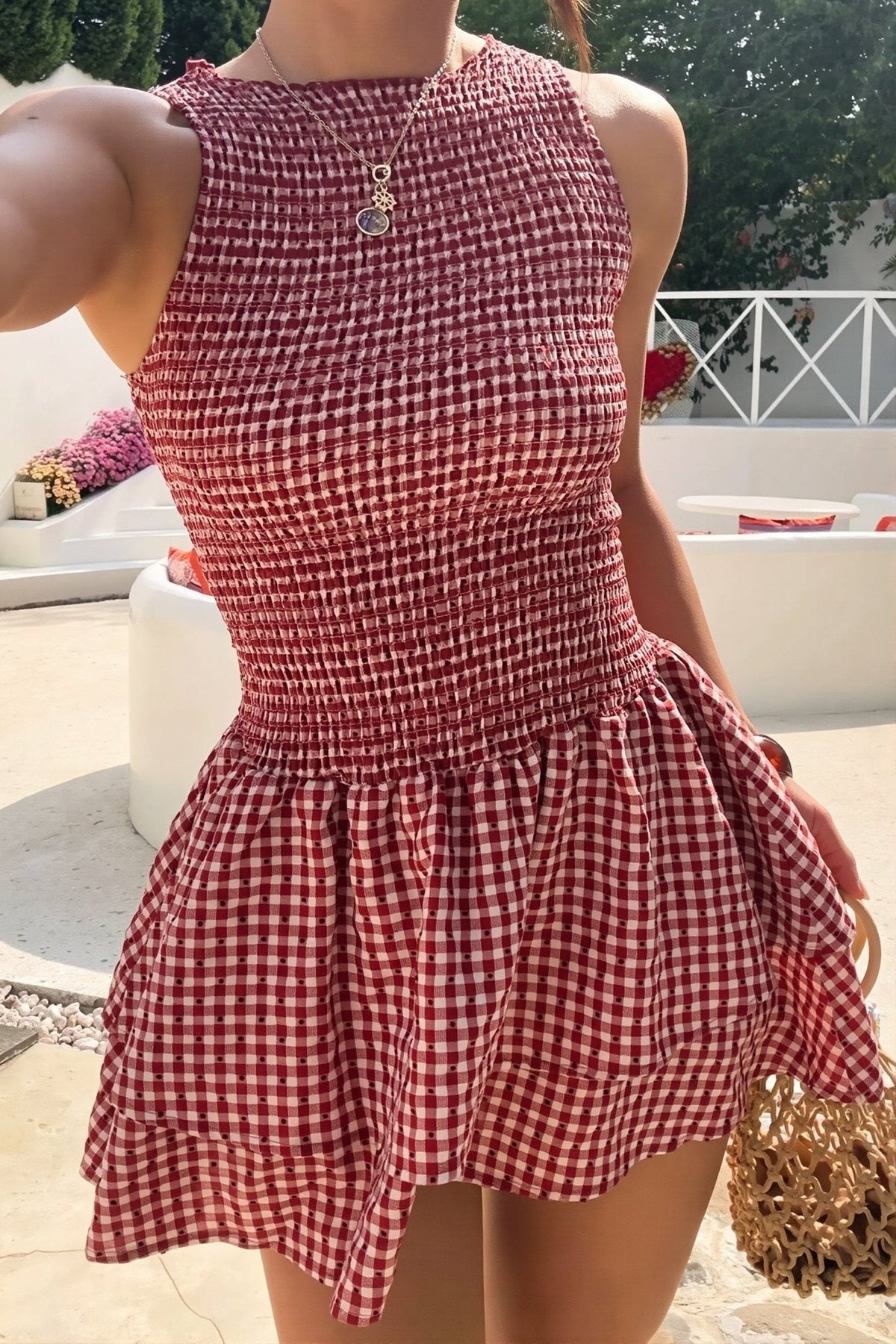 Robe courte à carreaux smockée Hazel