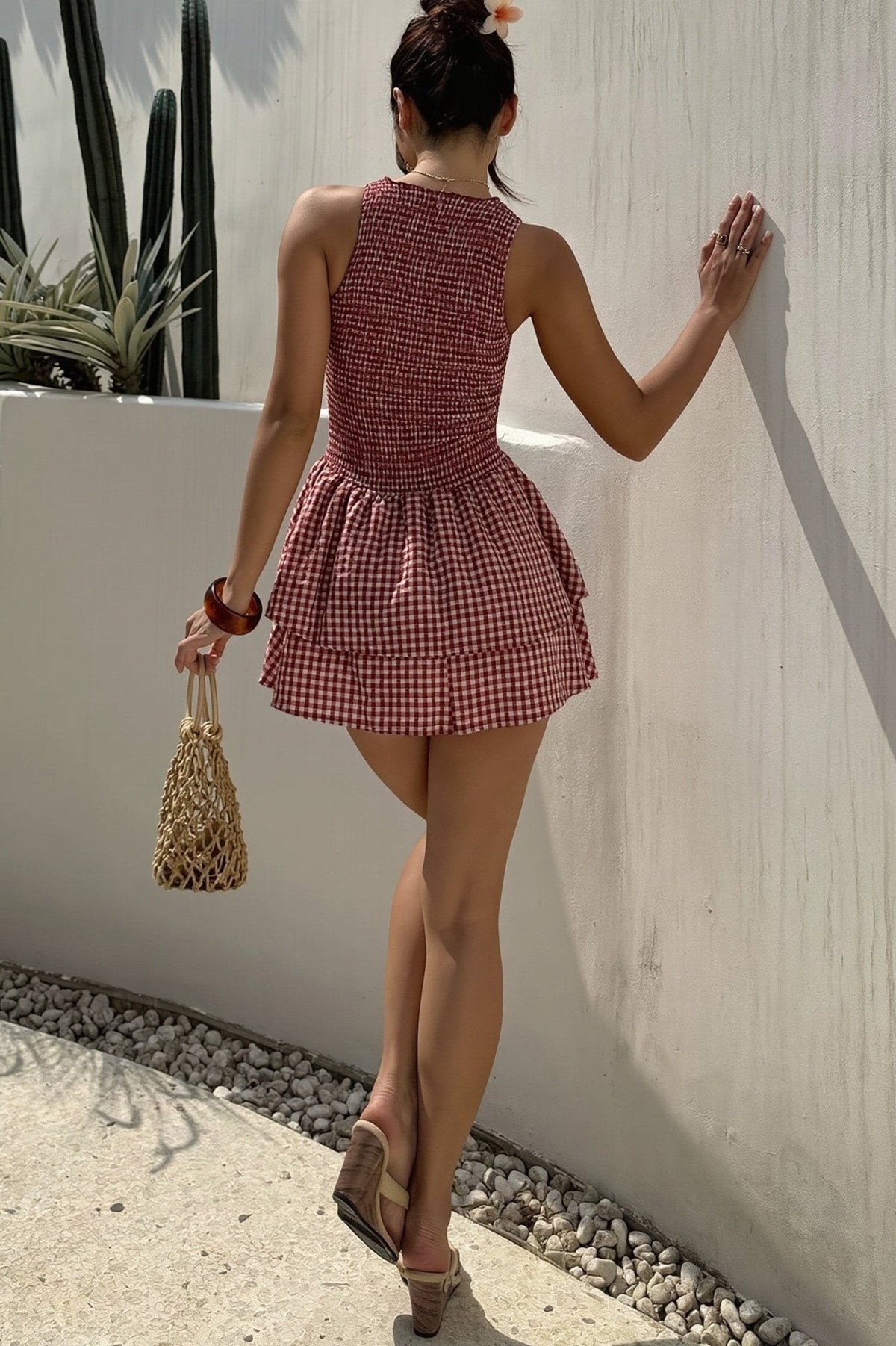Robe courte à carreaux smockée Hazel