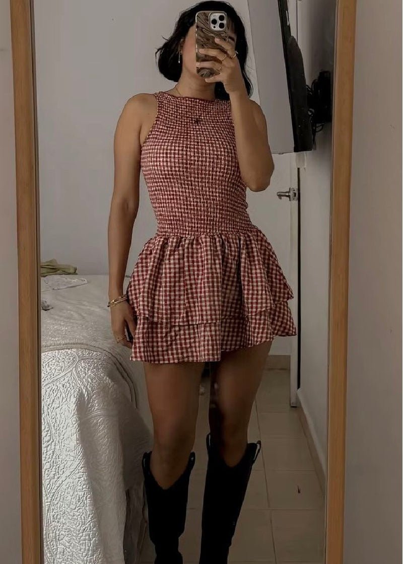 Robe courte à carreaux smockée Hazel