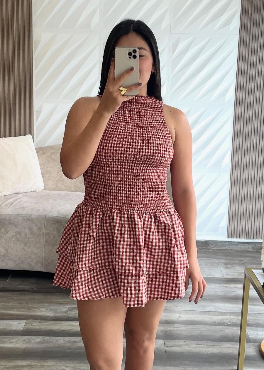 Robe courte à carreaux smockée Hazel
