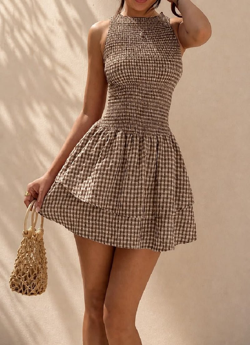 Robe courte à carreaux smockée Hazel