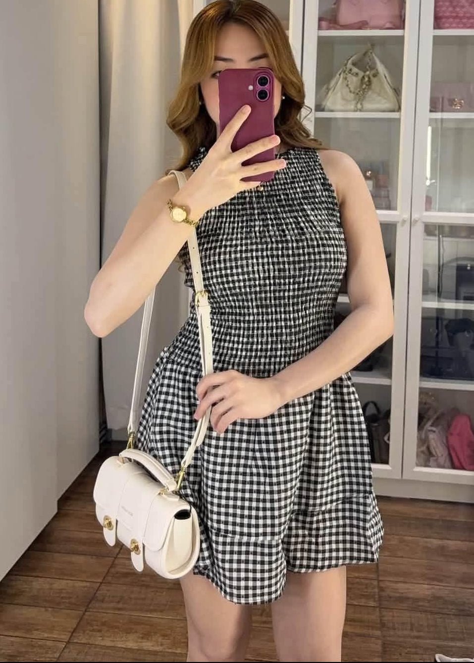 Robe courte à carreaux smockée Hazel