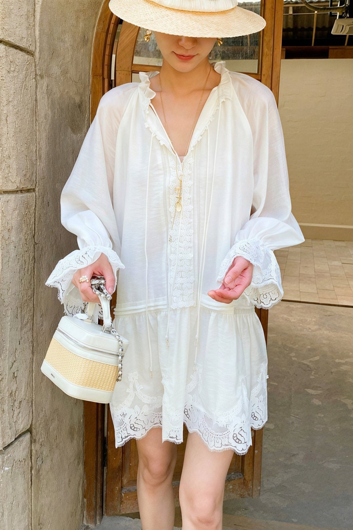 Robe midi en lin et dentelle patchwork Imara