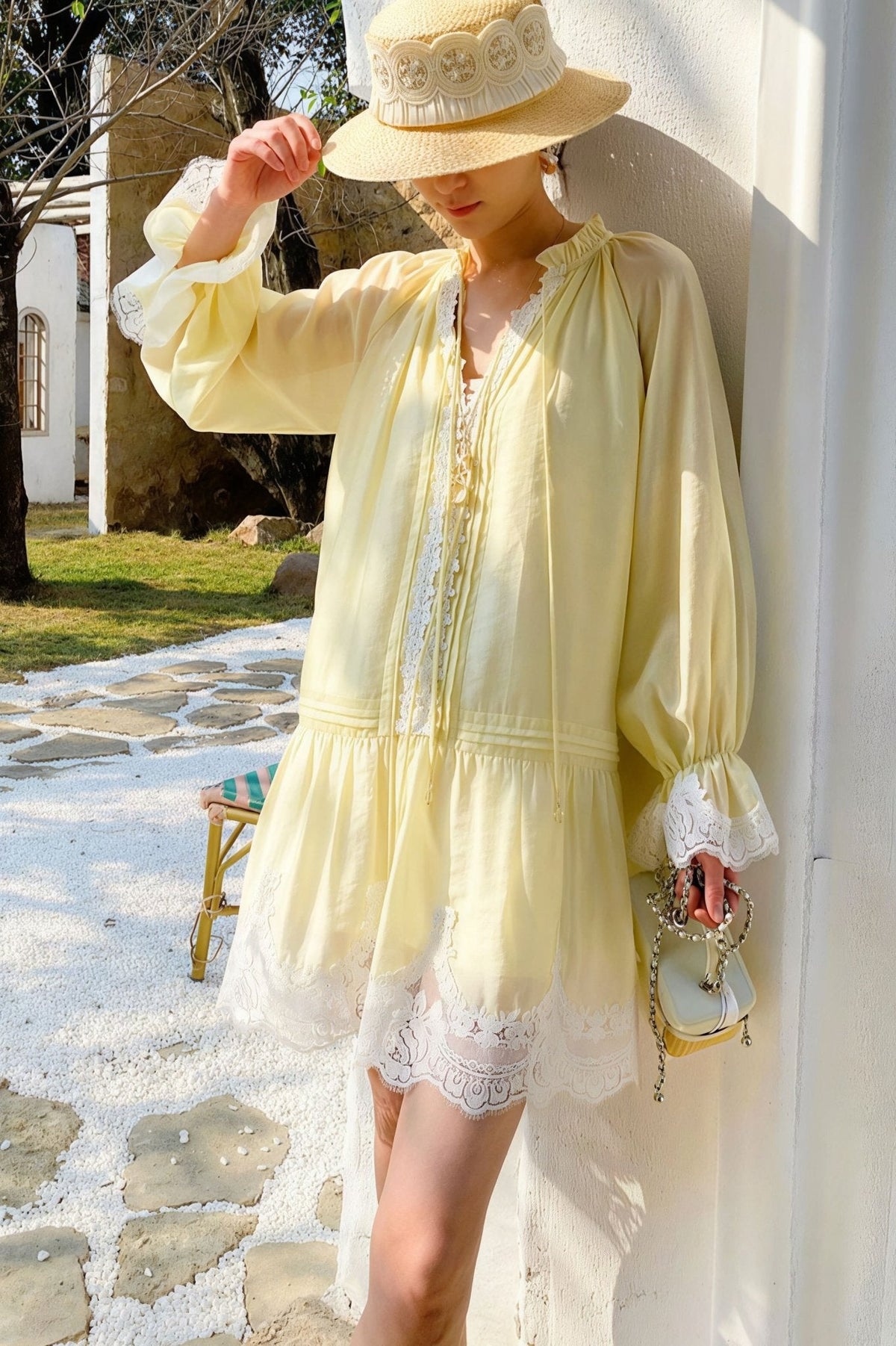 Robe midi en lin et dentelle patchwork Imara