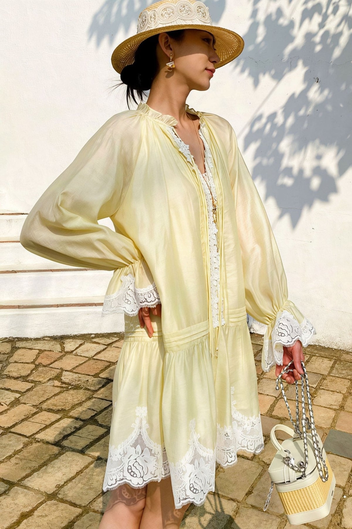 Robe midi en lin et dentelle patchwork Imara