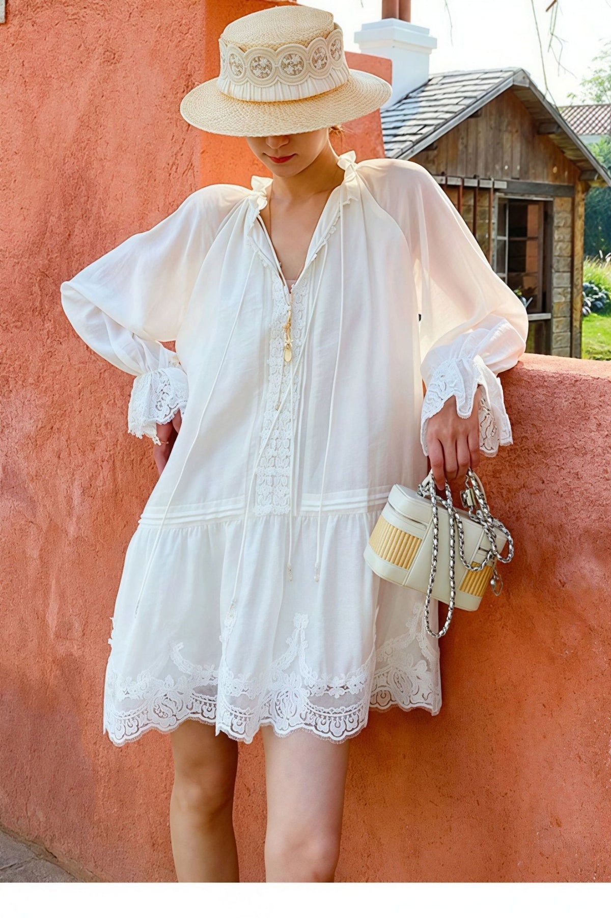 Robe midi en lin et dentelle patchwork Imara