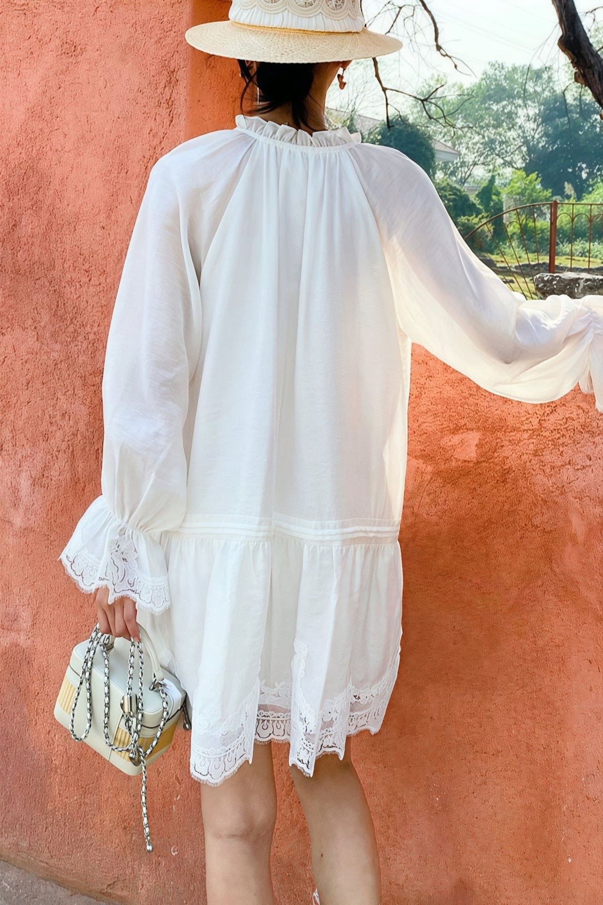 Robe midi en lin et dentelle patchwork Imara