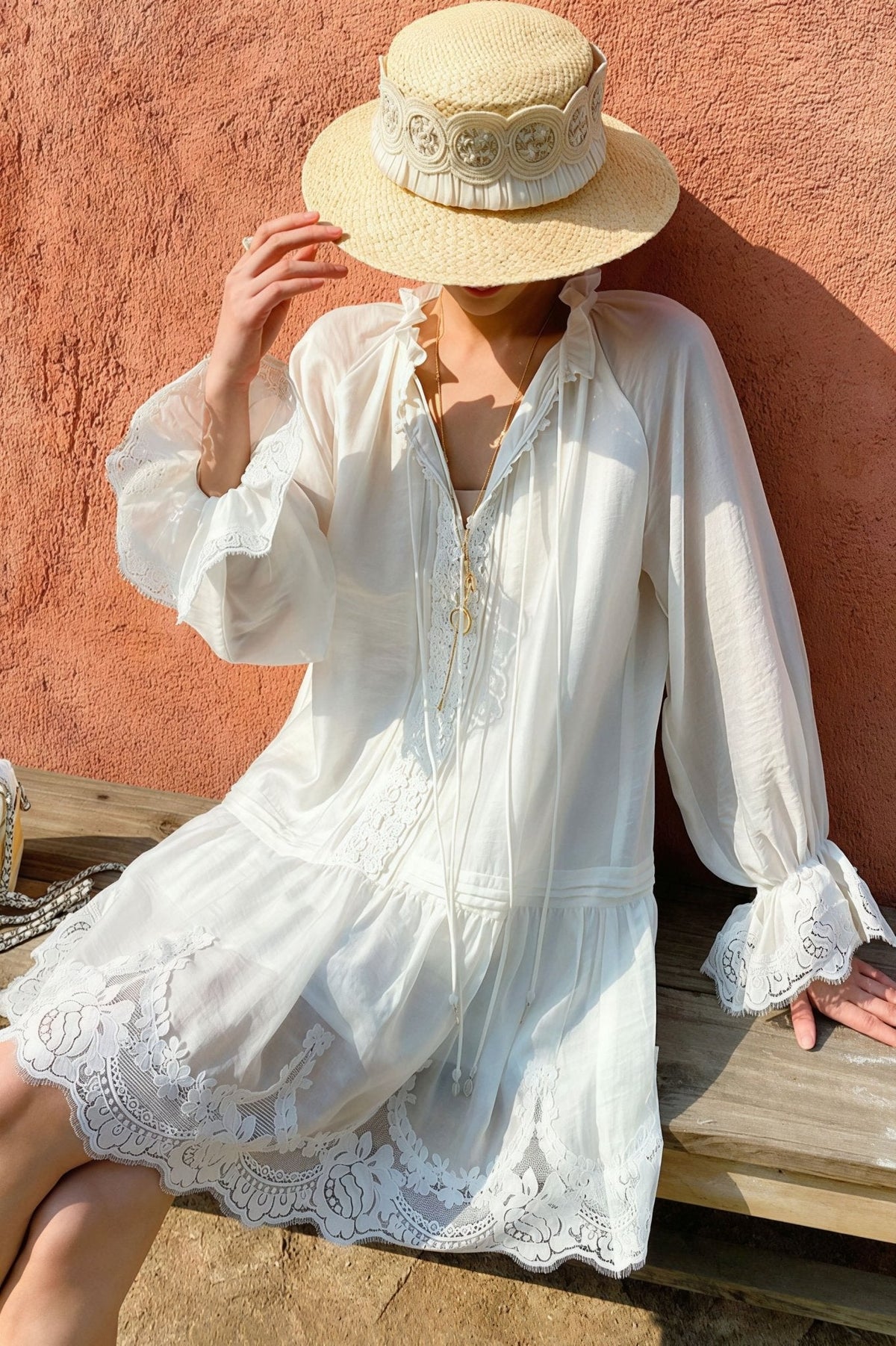 Robe midi en lin et dentelle patchwork Imara