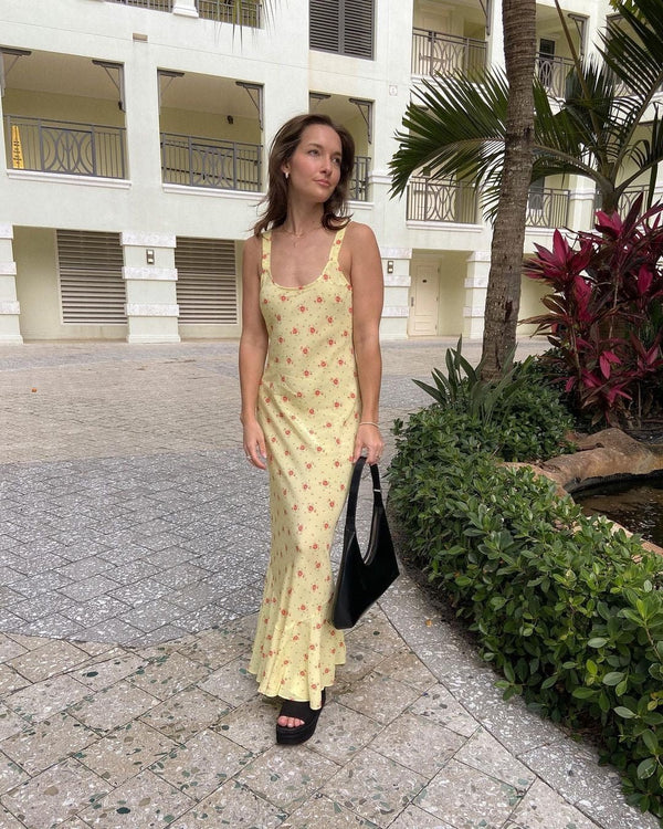 Robe Iris évasée à volants et motif floral