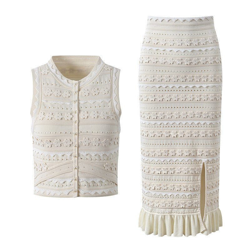 Ensemble gilet Isabella en maille fleurie et jupe midi à volants