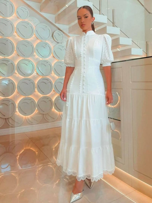 Robe midi en dentelle ajourée à manches bouffantes Isabelle