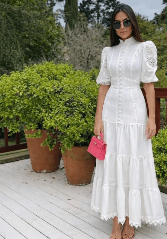 Robe midi en dentelle ajourée à manches bouffantes Isabelle
