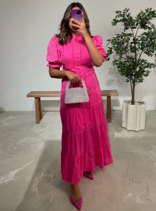 Robe midi en dentelle ajourée à manches bouffantes Isabelle