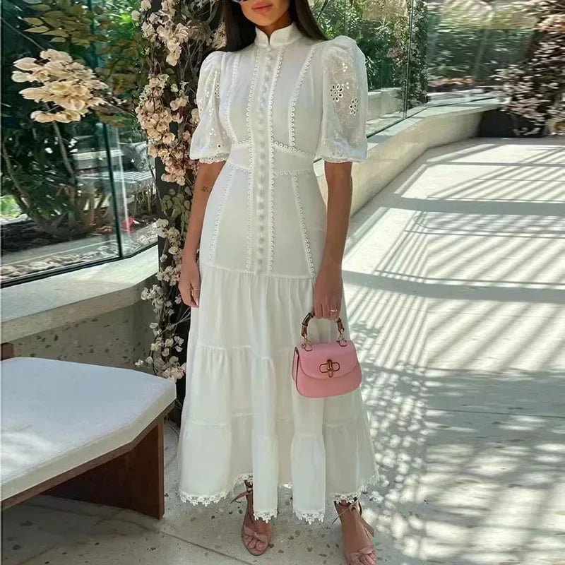 Robe midi en dentelle ajourée à manches bouffantes Isabelle