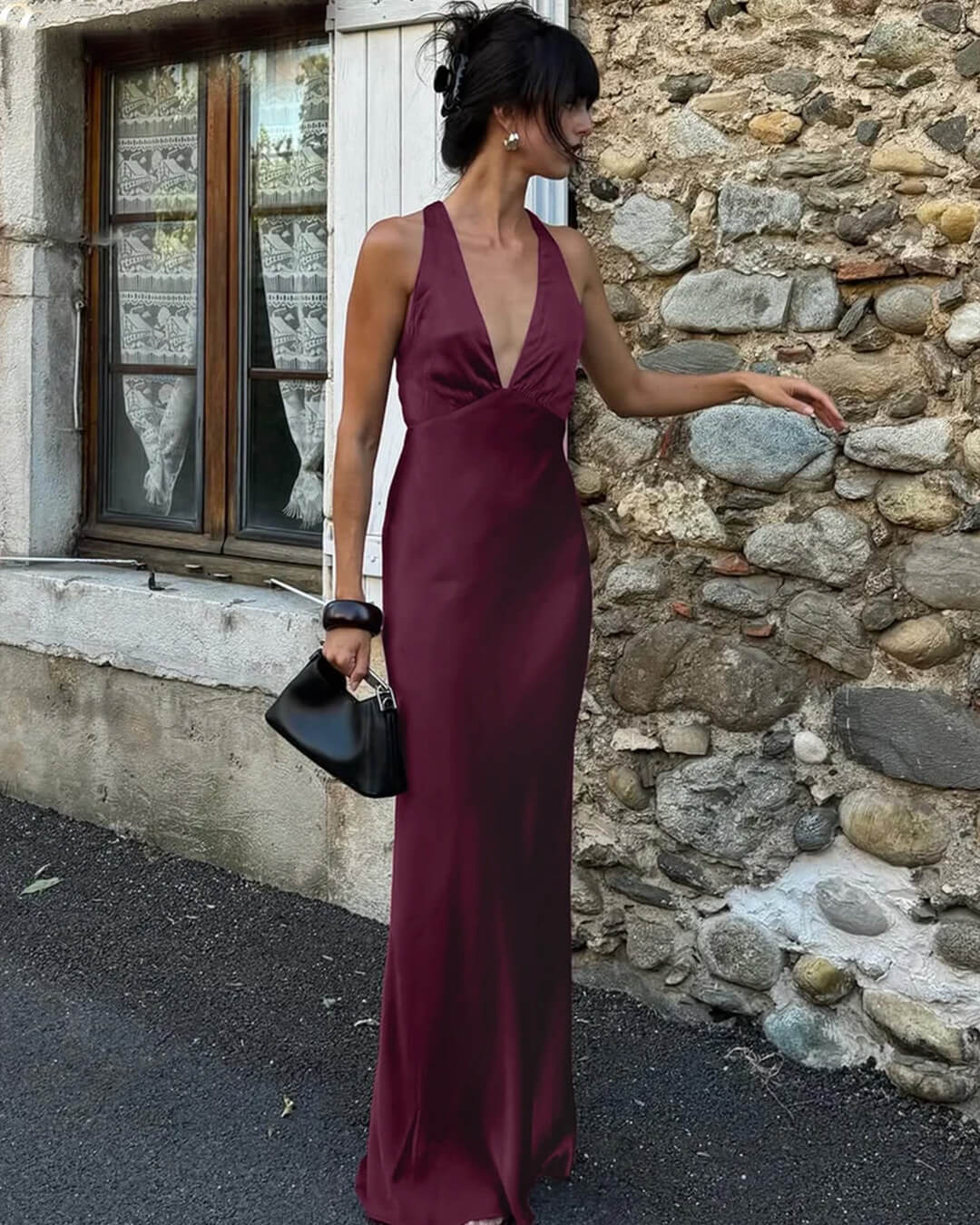 Robe longue satinée bordeaux à col dos nu Joyce