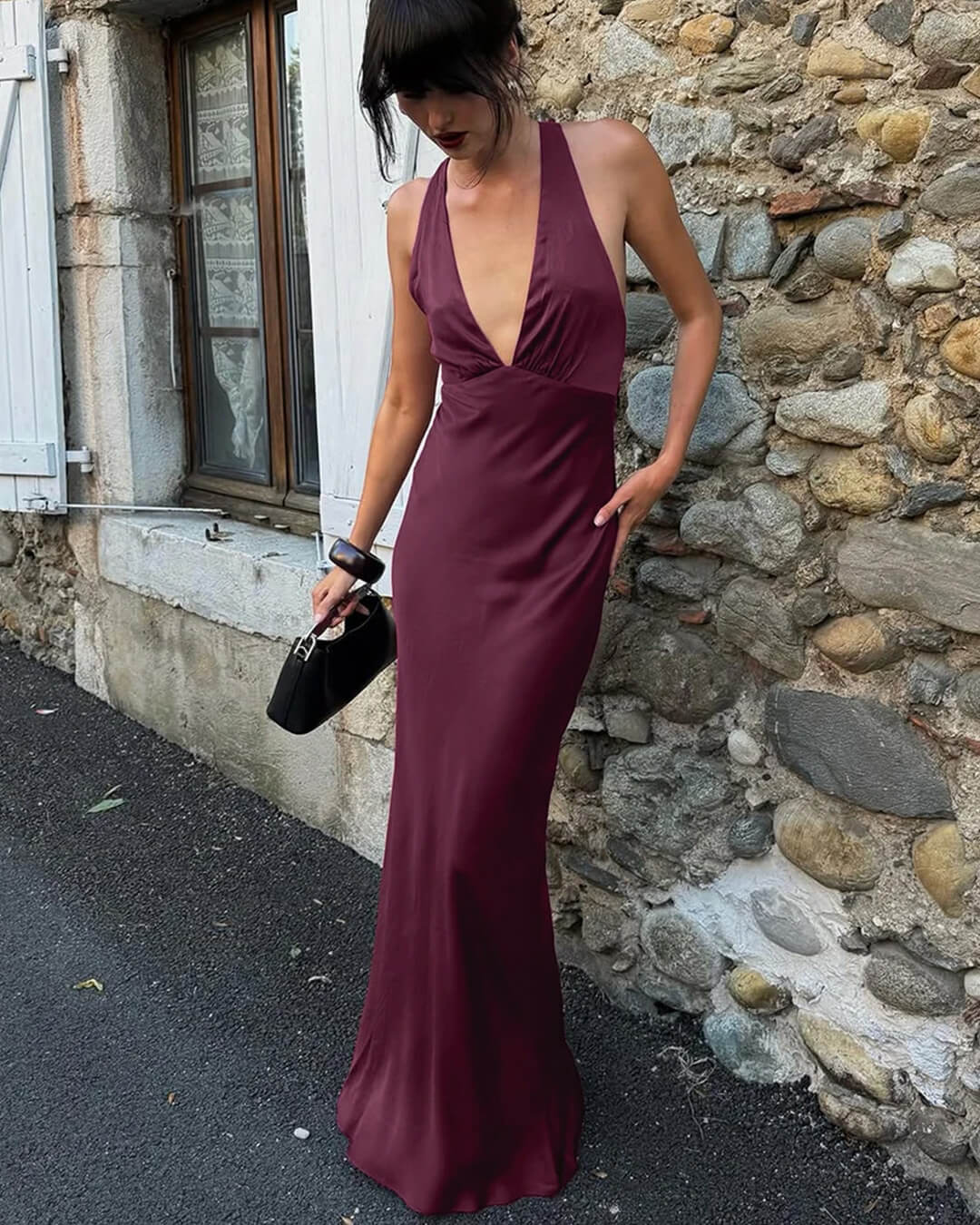 Robe longue satinée bordeaux à col dos nu Joyce