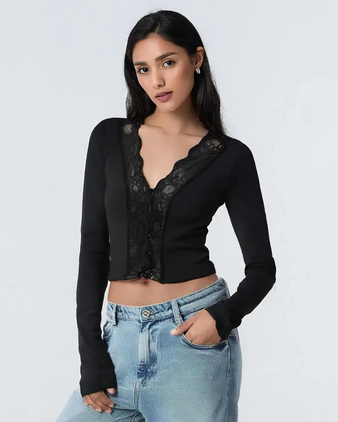 Julia Long Sleeve Lace Trim Blouse