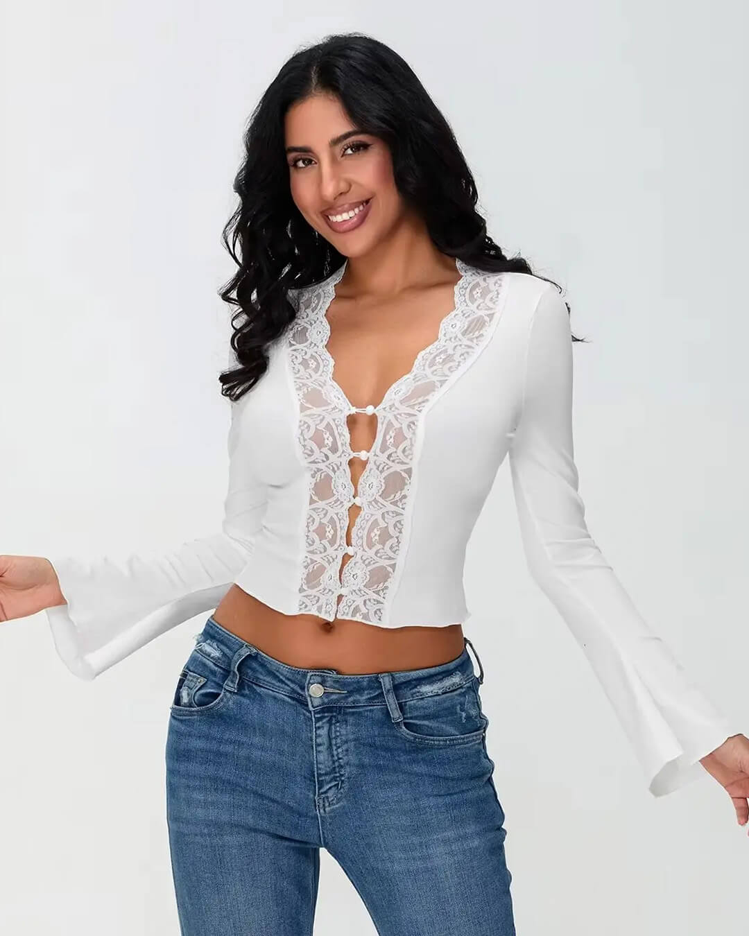 Julia Long Sleeve Lace Trim Blouse