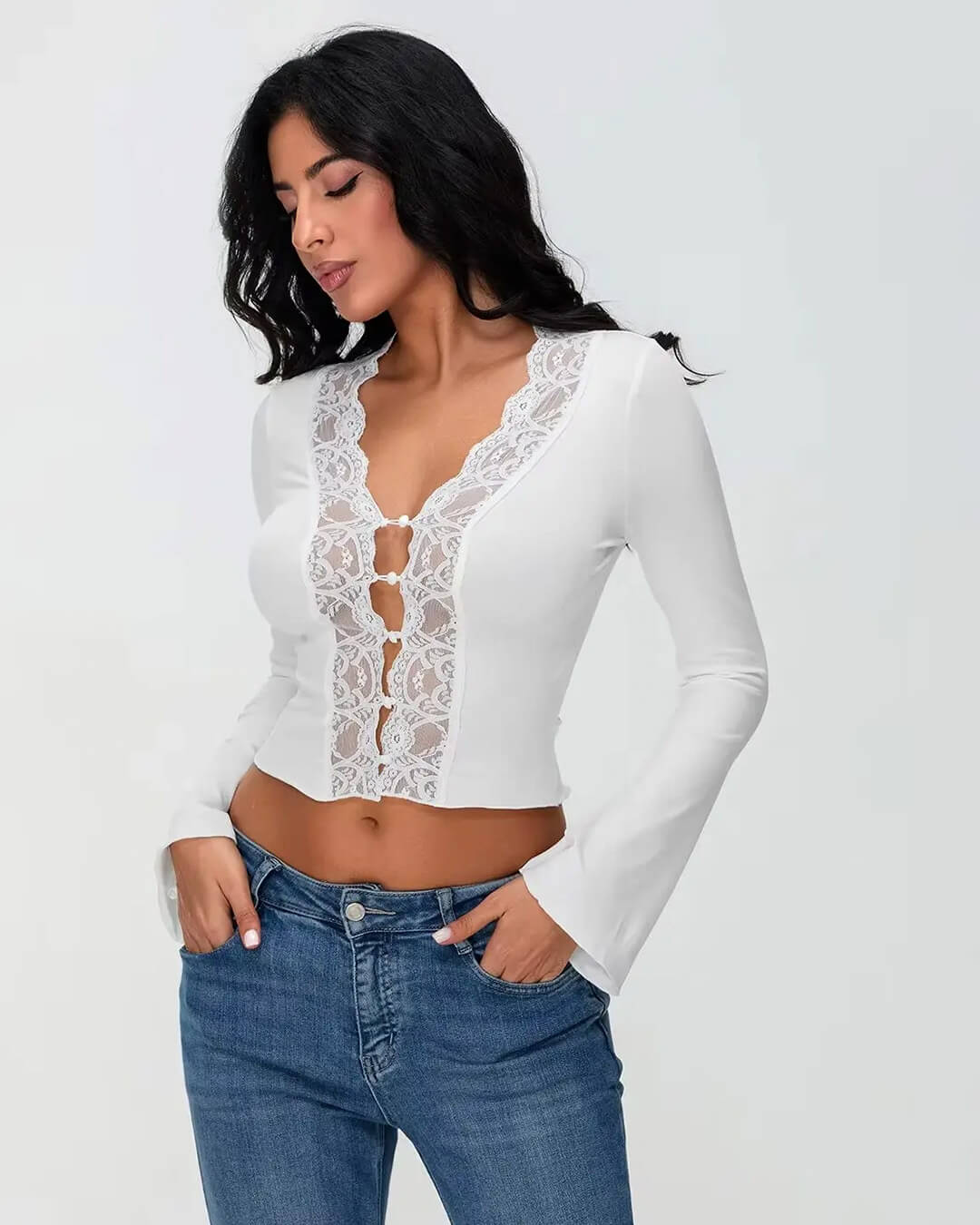 Julia Long Sleeve Lace Trim Blouse