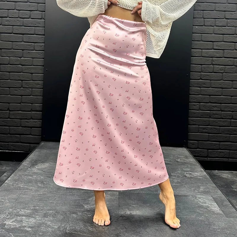 Jupe midi Kate imprimée en satin taille haute