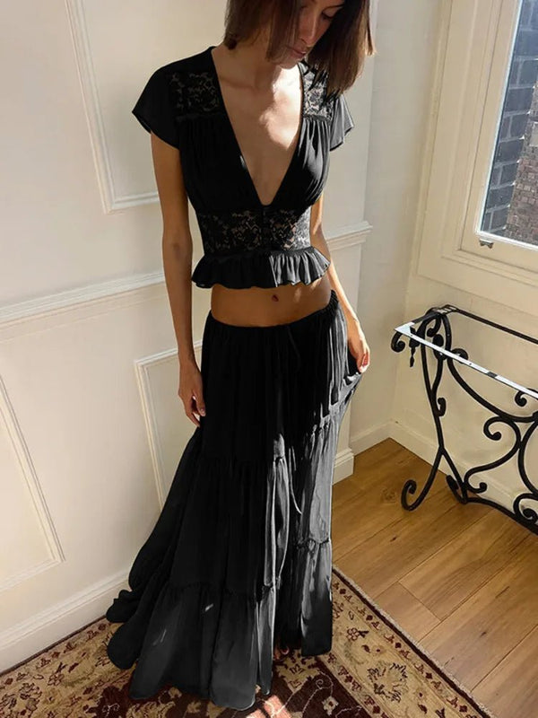 Ensemble Katerina avec haut et jupe en mousseline et dentelle