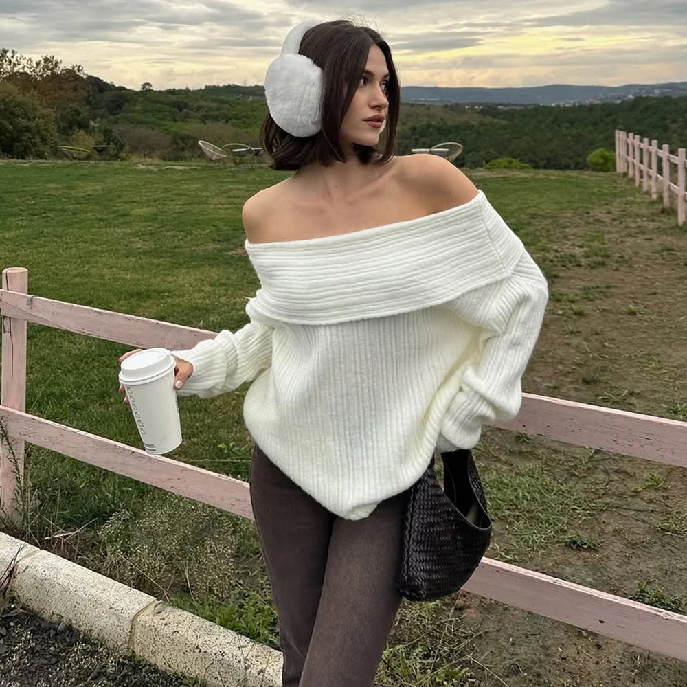 Pull en maille côtelée à épaules dénudées Lina