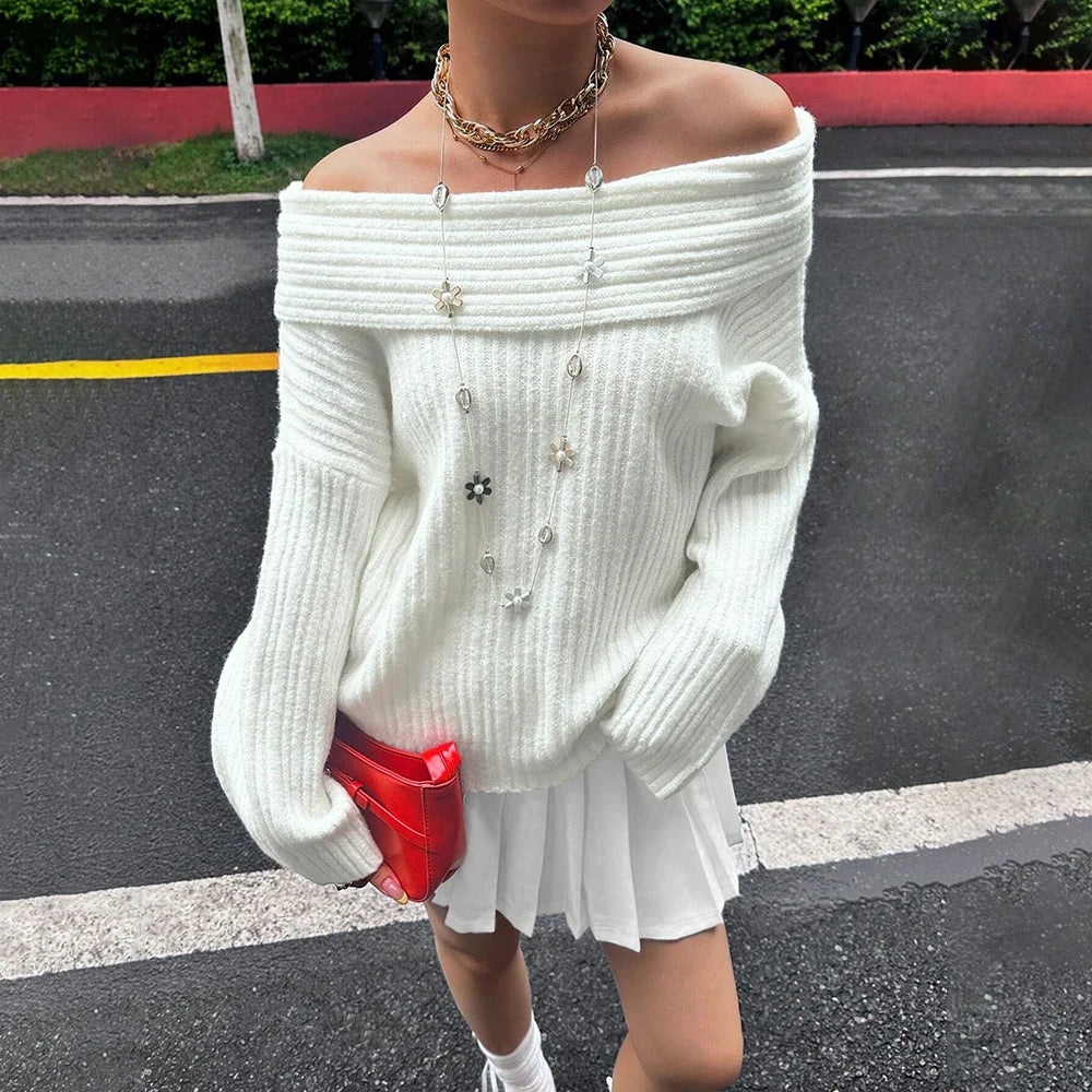 Pull en maille côtelée à épaules dénudées Lina
