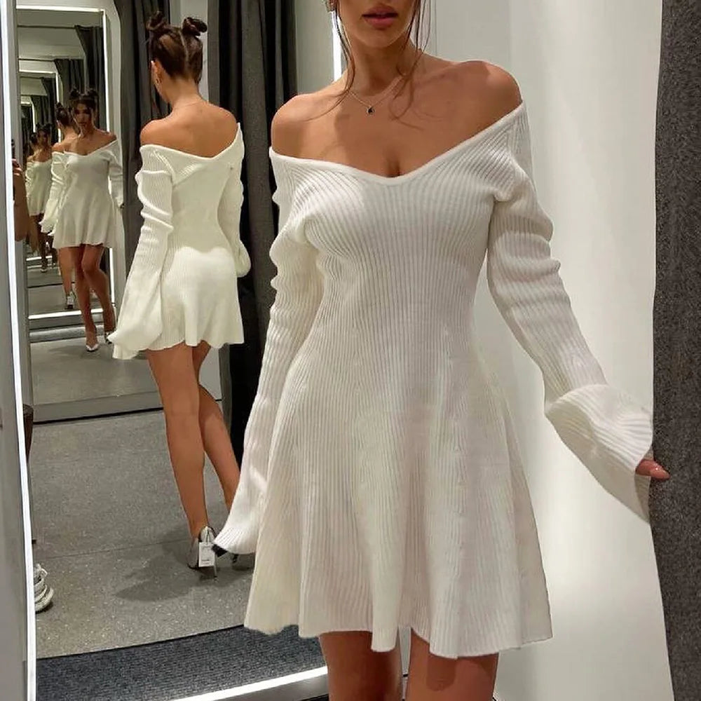 Knit Off-Shoulder V-Neck Mini Dress