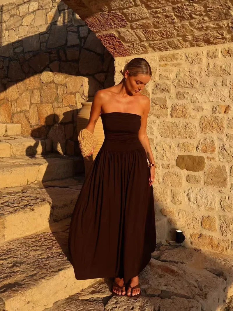 Robe longue Lauren sans bretelles et froncée