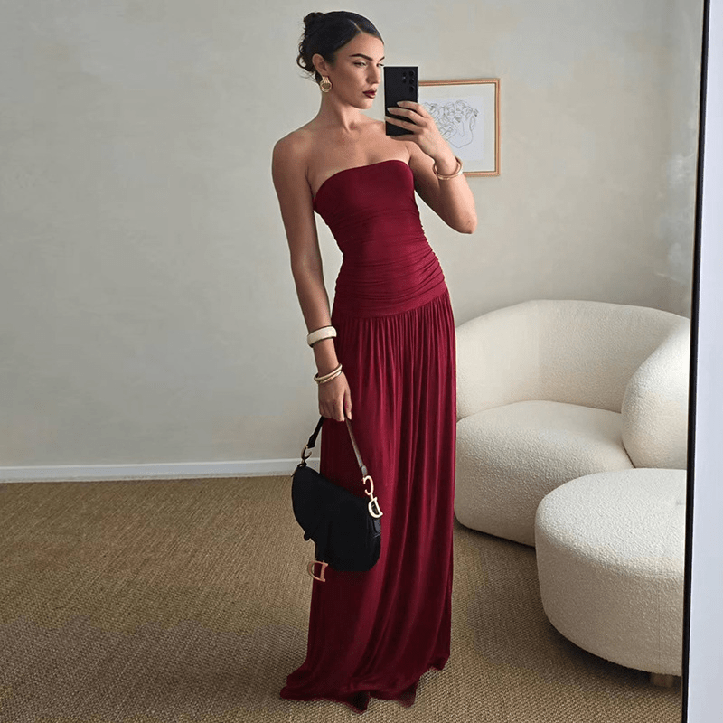 Robe longue Lauren sans bretelles et froncée