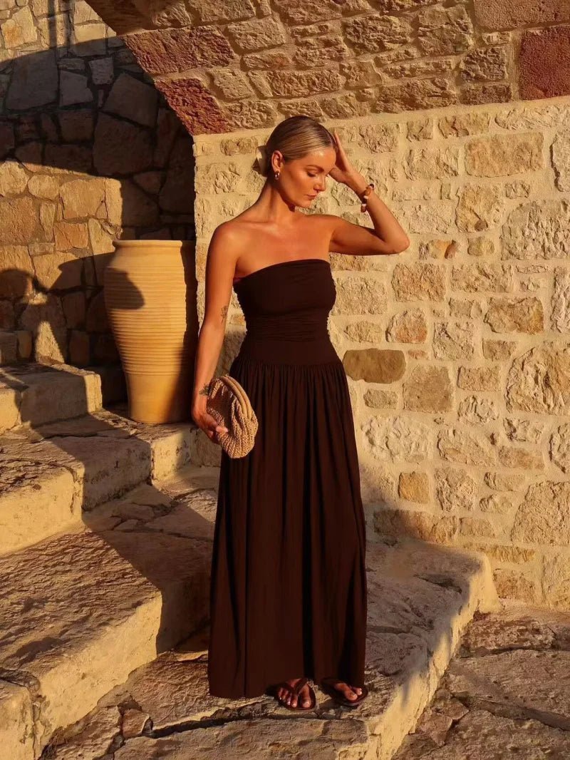 Robe longue Lauren sans bretelles et froncée