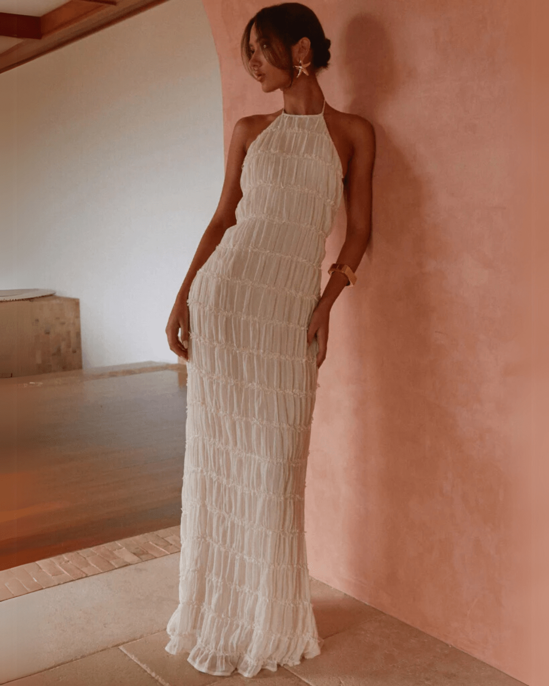 Robe longue Leslie dos nu à texture sculptée