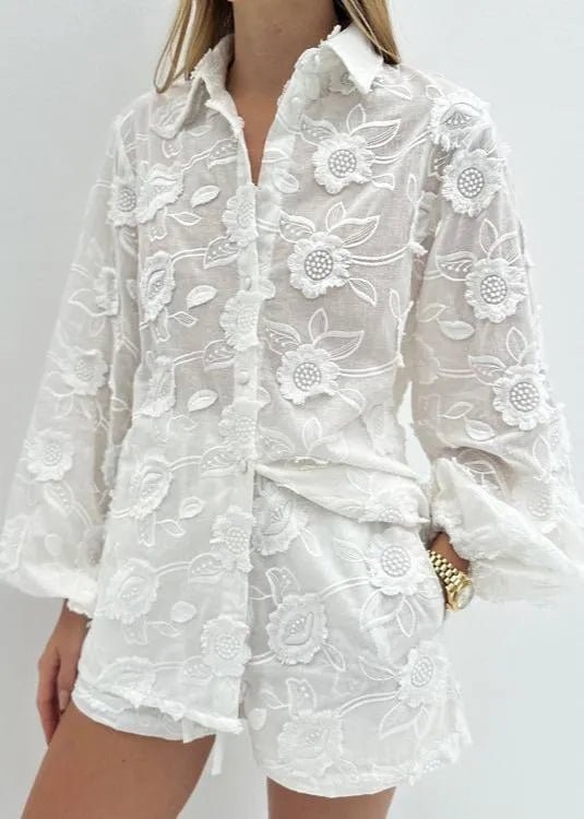 Lily Sheer Embroidered Shirt & High-Waist Shorts Set