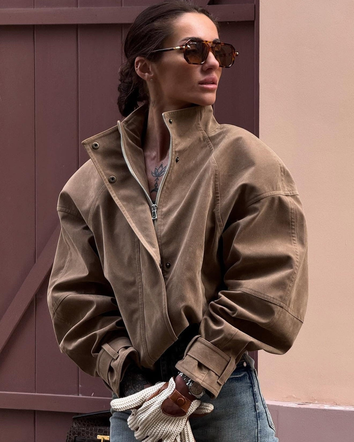 Veste zippée en faux daim Linda