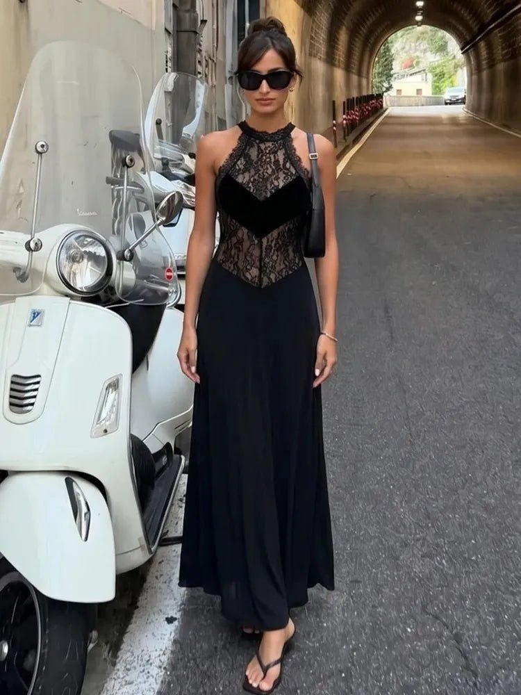 Lindsay Sheer Lace Halter Maxi Dress