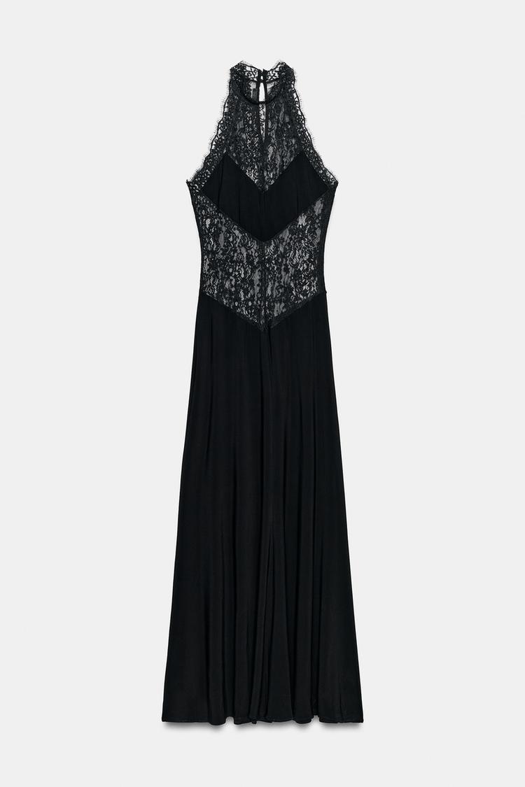 Lindsay Sheer Lace Halter Maxi Dress