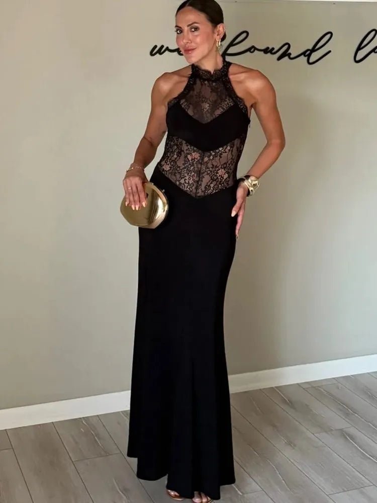 Lindsay Sheer Lace Halter Maxi Dress